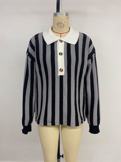 Suéter Unisex de Rayas Verticales con Cuello Solapa - Tejido Cálido para Otoño e Invierno - Image 9