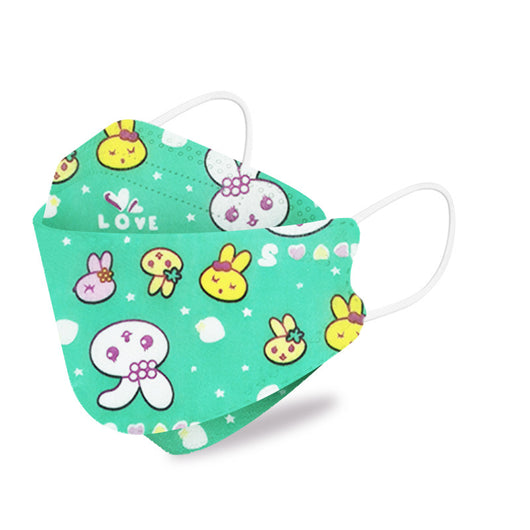 White children's KN95 mask with a cute cartoon pattern of blue bunnies, pink bears, trees, and flowers. - Image 13