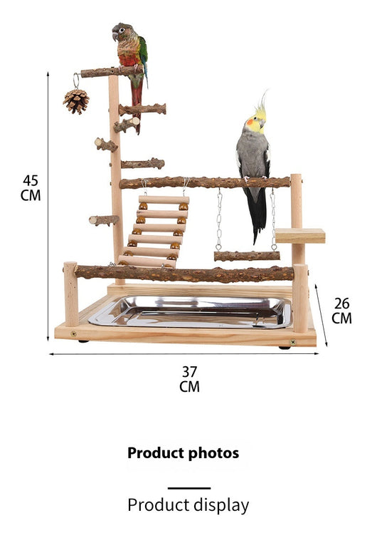 Multi-level natural wood parrot play stand with perches, ladder, swings, and two stainless steel feeding cups. - Image 17