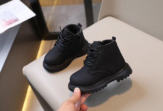 Black children's fashion Martin boots with laces and a side zipper, featuring a thick rubber sole. - Image 25