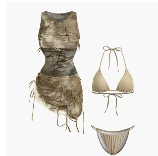 Three-piece swimsuit set featuring a tie-dye ruched mini cover-up dress and a beige triangle bikini with tie closures. - Image 13