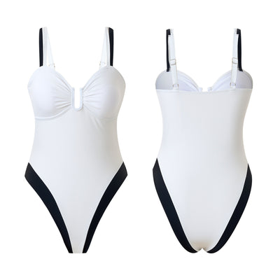 White one-piece women's swimsuit with black side panels and straps, featuring a ruched bust and U-shaped detail. - Image 41