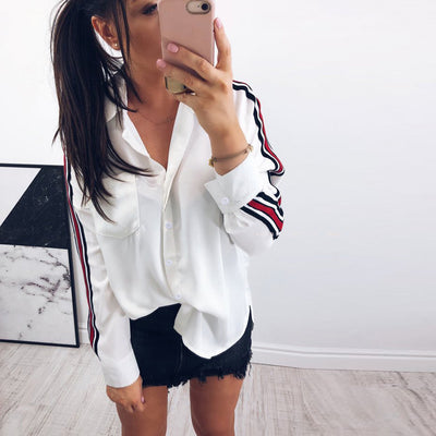 Blusa Casual Mujer Rayas Blancas Manga Larga con Botones - Image 16