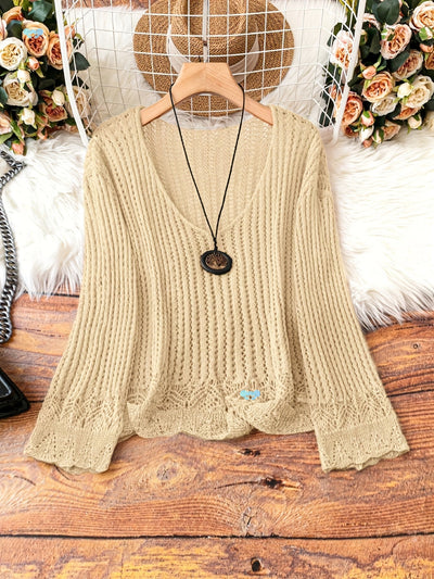 Suéter Calado Talla Grande para Mujer - Manga Larga Tejida Cuello V - Image 13