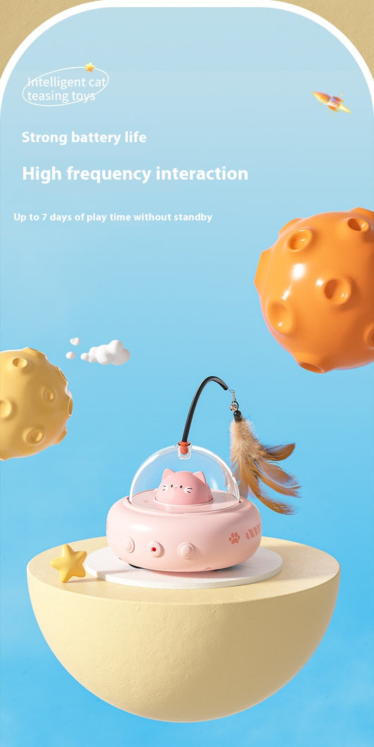 Pink electric UFO cat teaser toy with a clear dome, a cute pink cat head, and a feather wand with a bell. - Image 10