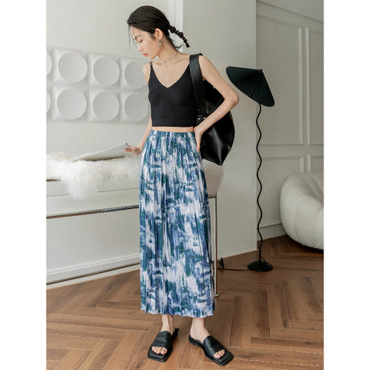 Falda Plisada con Abertura Lateral en Acetato Estampado