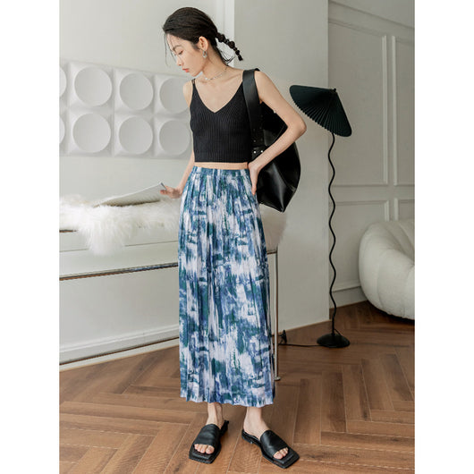 Falda Plisada con Abertura Lateral en Acetato Estampado