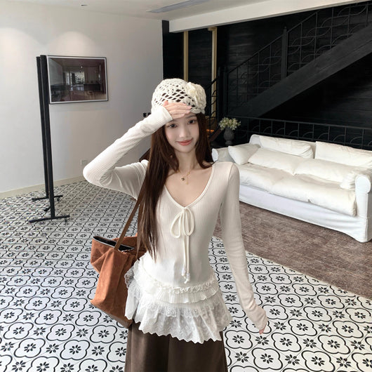 Blusa Larga Ajustada con Cuello V y Detalles Combinados para Mujer - Image 4