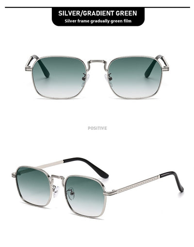Gold frame square-oval sunglasses with gradient black and grey lenses and black temple tips on a white background. - Image 15