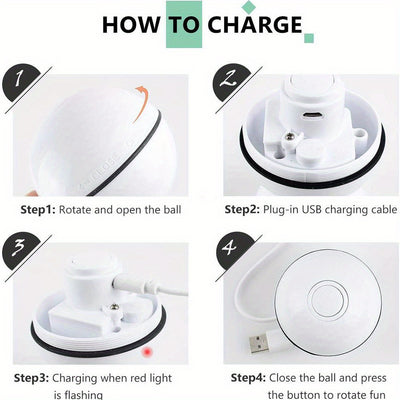 White electric interactive cat toy ball with LED light and feather attachment, shown with its white packaging box. - Image 10
