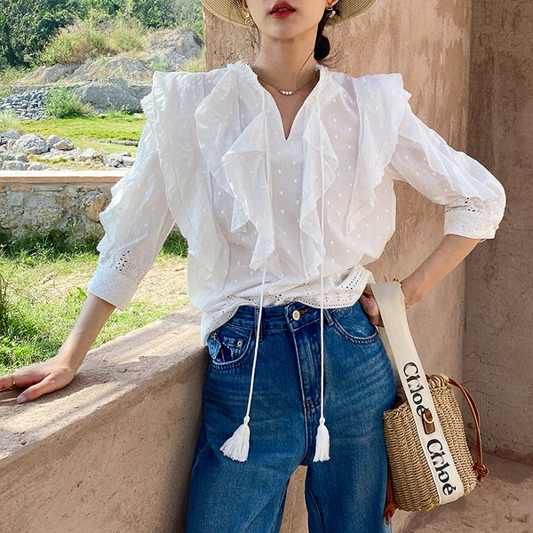 Blusa Blanca Francesa con Mangas Abullonadas