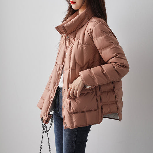 Chaqueta Casual de Plumón de Pato Blanco con Cuello Alto