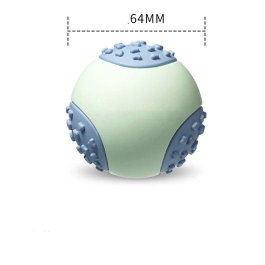 Mint green and blue rubber dog toy ball with textured nubs, measuring 64mm, for vocal and bite-resistant play. - Image 10