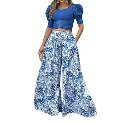 Conjunto Elegante: Blusa Manga Abullonada con Pantalón Ancho Estampado - Image 4
