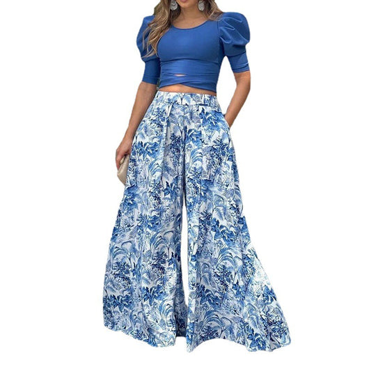 Conjunto Elegante: Blusa Manga Abullonada con Pantalón Ancho Estampado - Image 4