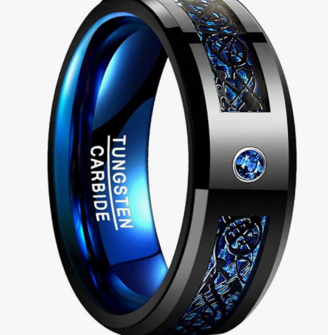 Anillo de Acero Tungsteno Azul y Negro con Incrustaciones de Circonia Cúbica para Hombre - Image 5