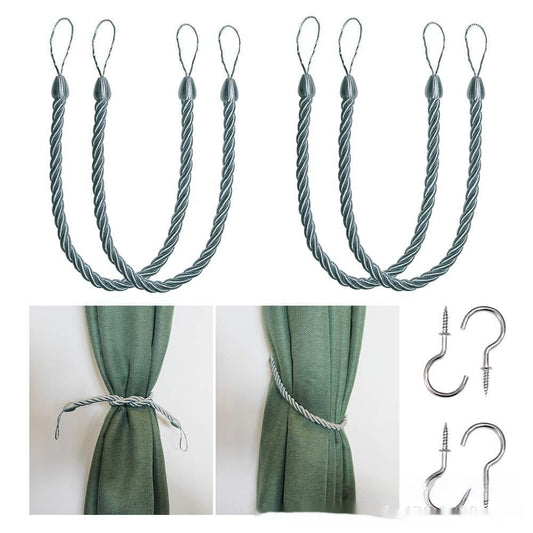 Four beige twisted rope curtain tie-backs with loops, shown with two silver screw-in hooks and on sheer white curtains. - Image 2