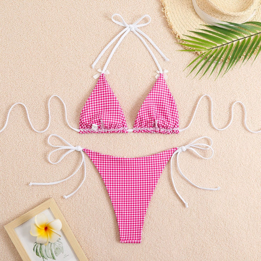 Blue and white gingham plaid bikini swimsuit with triangle top and thong bottom, featuring white tie straps and bows. - Image 63