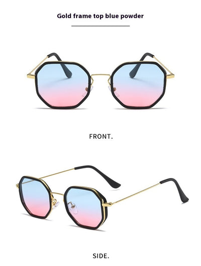 Men's personalized polygon sunglasses with black and gold frame and purple gradient UV resistant lenses. - Image 16