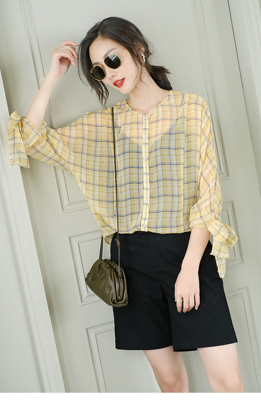 Blusa de Cuadros para Mujer con Mangas 3/4 y Cuello Redondo en Chifón - Image 13