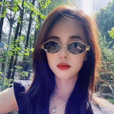 Gold metal polygon sunglasses with dark lenses, displayed with a white authenticity card and black case. - Image 2