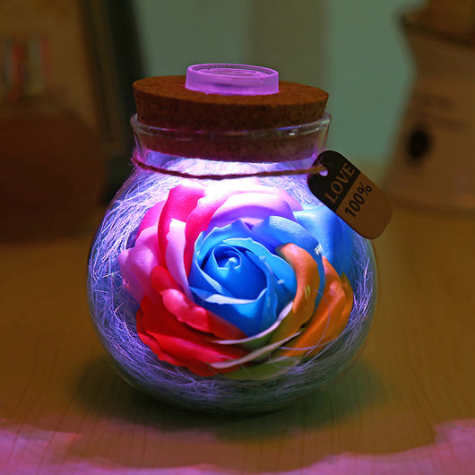 Botella de Luz Nocturna con Flores Eternas y Estrella de la Suerte - Regalo Romántico Luminoso