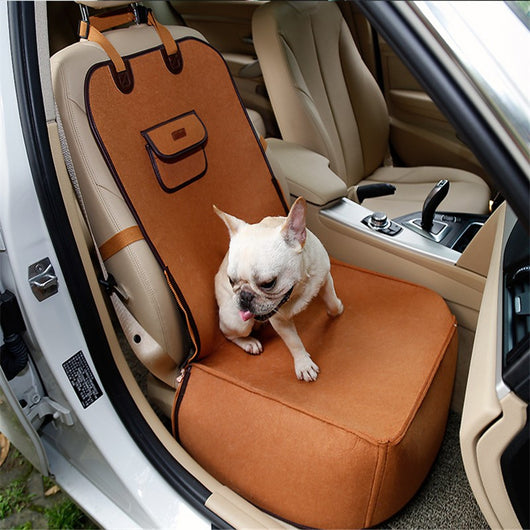 Light grey pet car seat with brown trim on a car's front passenger seat, holding two small dogs. Includes a black pet seatbelt tether. - Image 5