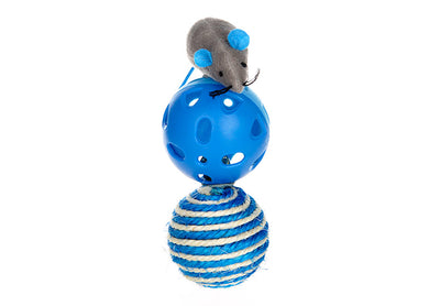 Cat toy set with a gray plush mouse, a blue plastic jingle ball, and a blue and white sisal rope ball. - Image 4