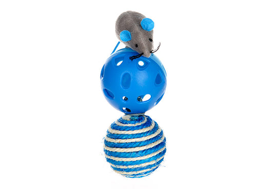 Cat toy set with a gray plush mouse, a blue plastic jingle ball, and a blue and white sisal rope ball. - Image 4