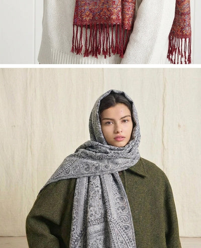 Chal de Lujo Ligero con Jacquard y Borlas de Cachemira - Image 32