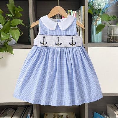 Vestido Infantil de Verano sin Mangas con Cuello de Muñeca y Smocking Bordado