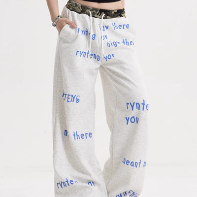 Pantalón Ancho de Cintura Alta con Cordón y Letras