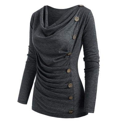 Camiseta Casual de Manga Larga con Cuello Superpuesto - Image 11