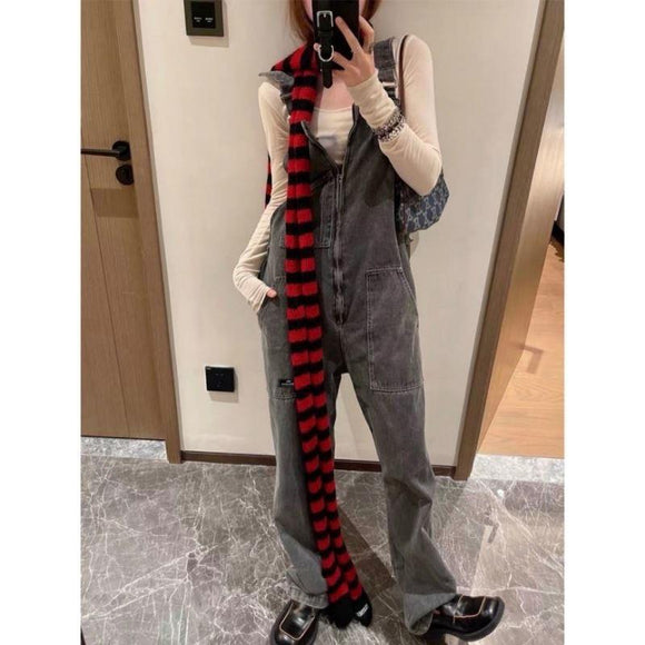Y2K Punk Thermal Long Scarf Black and Red Stripes - Extra Long Knitted Wool