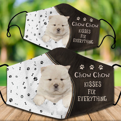 Two cotton face masks with a Bichon Frise dog, paw prints, and bones on a white and brown background. Text reads "Bichon Frise KISSES FIX EVERYTHING." - Image 26