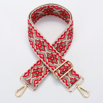 Yellow and white ethnic style patterned canvas bag strap with gold-toned adjustable buckle and swivel snap hooks. - Image 6
