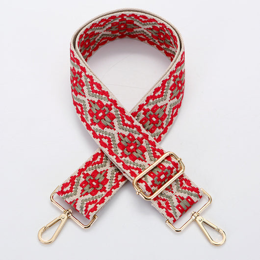 Yellow and white ethnic style patterned canvas bag strap with gold-toned adjustable buckle and swivel snap hooks. - Image 6