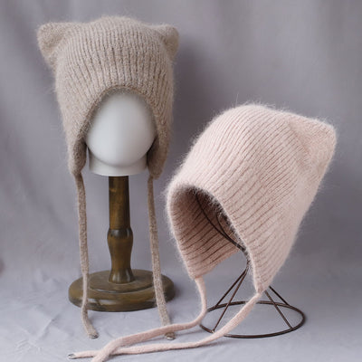 Gorro Tejido Cálido con Orejas de Gato - Pelaje de Conejo Suave