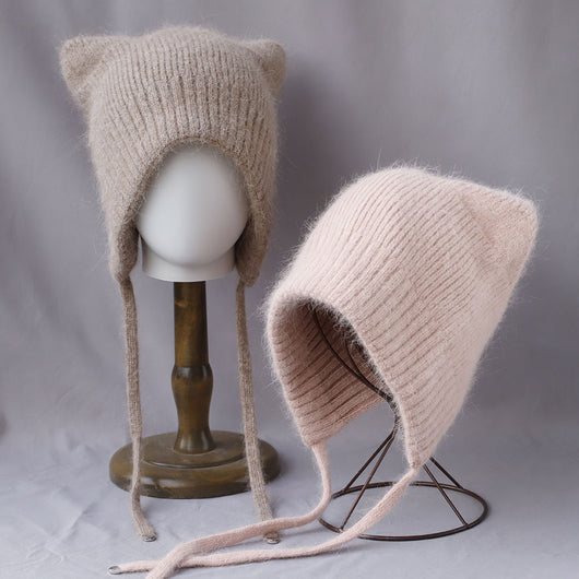 Gorro Tejido Cálido con Orejas de Gato - Pelaje de Conejo Suave