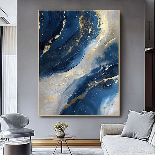 Cuadro Abstracto Dorado y Azul Minimalista - Pintura al Óleo Hecha a Mano con Textura Moderna