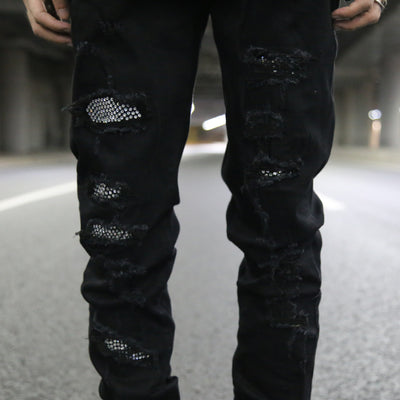 Jeans Slim Fit Azul con Parches de Lentejuelas y Detalles Rotos - Image 3