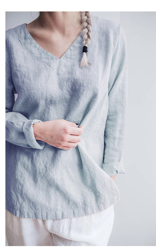 Blusa de Lino Puro Cuello V Manga Larga para Mujer - Image 16