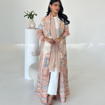 Cardigan Djellaba Étnico con Pliegues y Estampado - Capa Clásica de Moda - Image 12