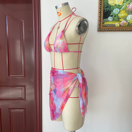 Bikini de Tres Piezas con Diseño Tie Dye y Malla - Image 11