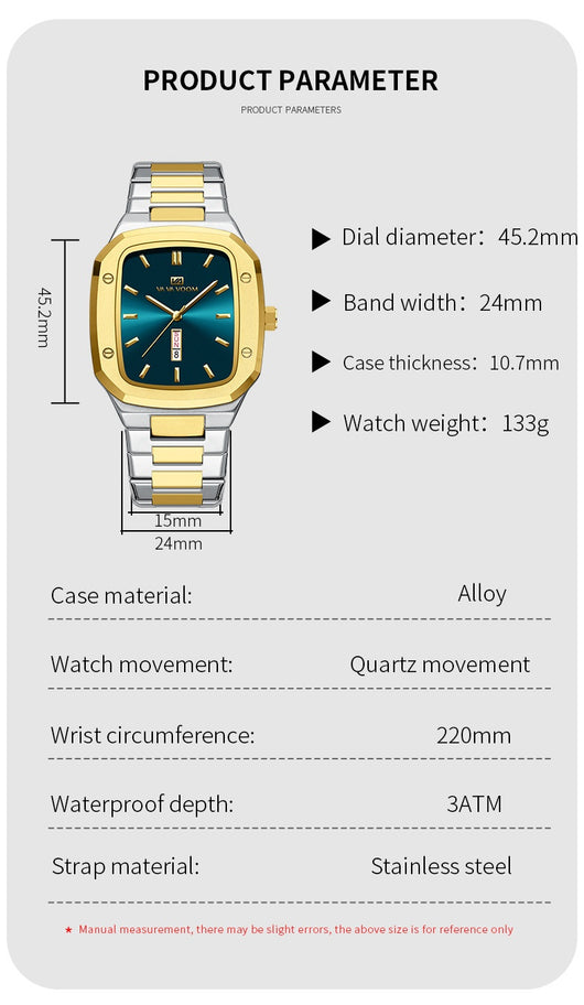 Reloj Ejecutivo Rectangular de Acero con Doble Calendario para Hombre - Image 22