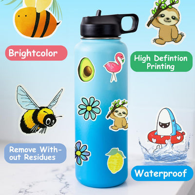 200 assorted waterproof PVC stickers featuring diverse designs like sunflowers, butterflies, rainbows, travel scenes, and positive quotes.