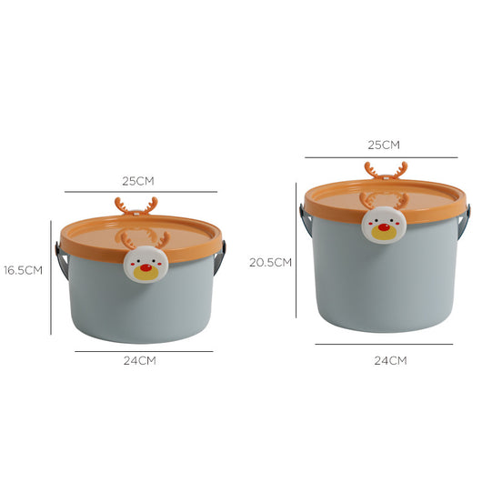 Two plastic storage buckets, one small and one large, with light blue bodies and orange lids featuring cartoon reindeer faces. - Image 25