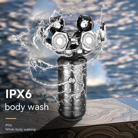 Dark grey electric shaver with a seven-head rotary design and an ornate, embossed pattern on its body.