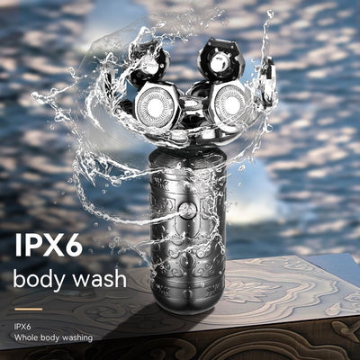 Dark grey electric shaver with a seven-head rotary design and an ornate, embossed pattern on its body.