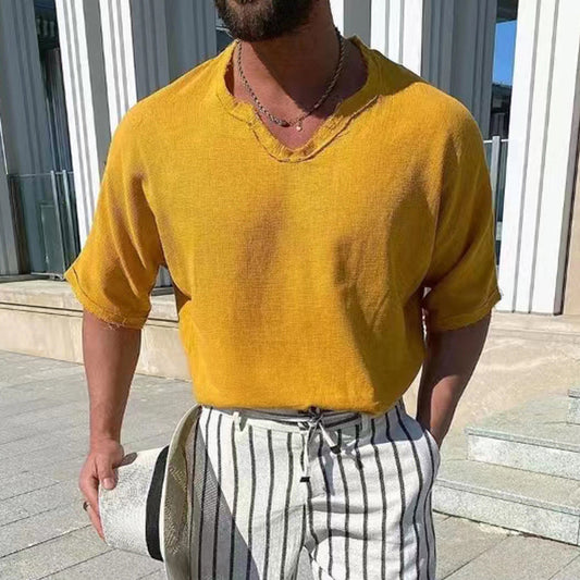 Camiseta Hombre V-Escote Algodón Lino Colores Sólidos Manga Corta - Image 2
